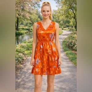 NWT Versona Eclair Orange Floral Dress Sz S Tiered Skirt Sleeveless Silky Lined